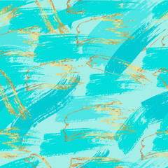 Fototapeta na wymiar Seamless pattern. Abstract background in blue colors. Gold brush strokes. Vector