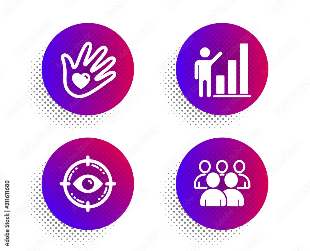 Poster eye target, graph chart and social responsibility icons simple set. halftone dots button. group sign