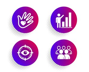 Eye target, Graph chart and Social responsibility icons simple set. Halftone dots button. Group sign. Optometry, Growth report, Helping hand. Developers. People set. Vector