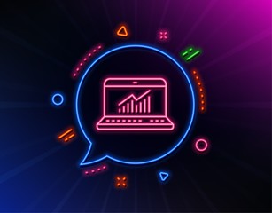Data Analysis and Statistics line icon. Neon laser lights. Report graph or Chart sign. Computer data processing symbol. Glow laser speech bubble. Neon lights chat bubble. Vector
