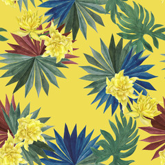Naklejka na ściany i meble Watercolor painting seamless pattern with beautiful tropical flowers and leaves