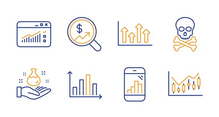 Upper arrows, Chemistry lab and Currency audit line icons set. Diagram graph, Chemical hazard and Graph phone signs. Web traffic, Financial diagram symbols. Growth infochart, Laboratory. Vector