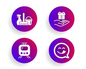 Loyalty program, Train and Household service icons simple set. Halftone dots button. Yummy smile sign. Gift, Tram, Cleaning equipment. Emoticon. Business set. Classic flat loyalty program icon. Vector