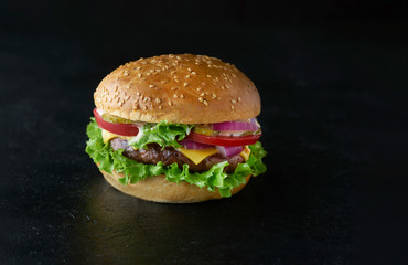 Delicious burger with lettuce, cheese, onion and tomato on a black background