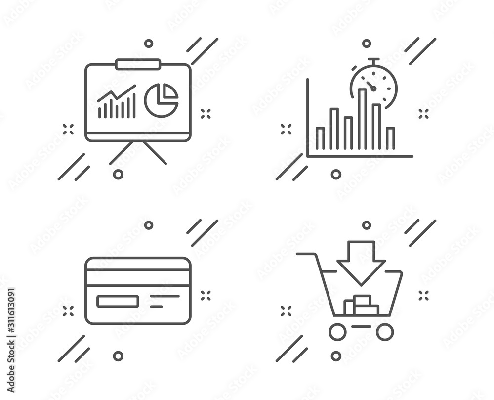 Poster presentation, report timer and credit card line icons set. shopping sign. board with charts, growth 