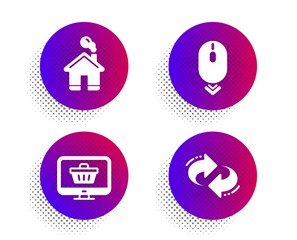 Home, Web shop and Scroll down icons simple set. Halftone dots button. Refresh sign. House building, Shopping cart, Mouse swipe. Rotation. Technology set. Classic flat home icon. Vector