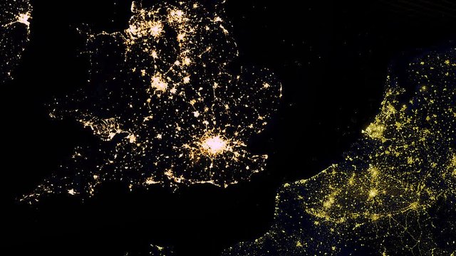 Separation between Great Britain and European union "brexit" concept, England and French coastline fictional removal night lights satellite view. Contains public domain image by Nasa