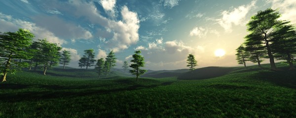 Beautiful green grass meadow in the fog at sunrise, 3D rendering.