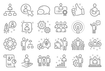 Management line icons. Set of Business audit, Startup strategy and Employee icons. Business strategy, Startup and Teamwork. Organization management, report and group algorithm. Employee job. Vector