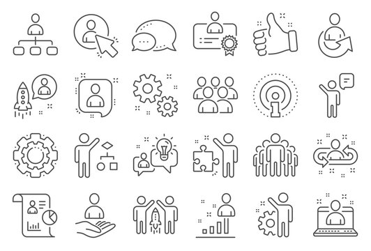 Management line icons. Set of Business audit, Startup strategy and Employee icons. Business strategy, Startup and Teamwork. Organization management, report and group algorithm. Employee job. Vector