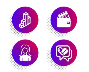 3d chart, Debit card and Woman icons simple set. Halftone dots button. Medical drugs sign. Presentation column, Wallet with credit card, Girl profile. Medicine pills. Business set. Vector