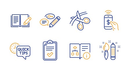 Quick tips, Checklist and Feedback line icons set. Phone payment, Keywords and Technical algorithm signs. Scissors, Creativity symbols. Helpful tricks, Survey. Education set. Vector