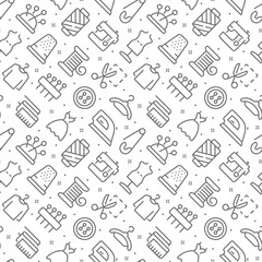 Sewing related seamless pattern with outline icons - obrazy, fototapety, plakaty