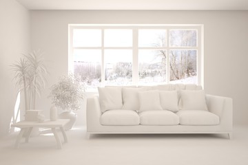Mock up of stylish room in white color with sofa and winter landscape in window. Scandinavian interior design. 3D illustration