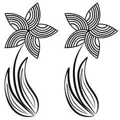 Blooming flowers on the stems with  leaves. Flower spring composition. Summer flower arrangement. Figure drawn lines.