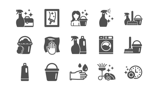 Cleaning icons. Laundry, Window sponge and Vacuum cleaner. Washing machine classic icon set. Quality set. Vector