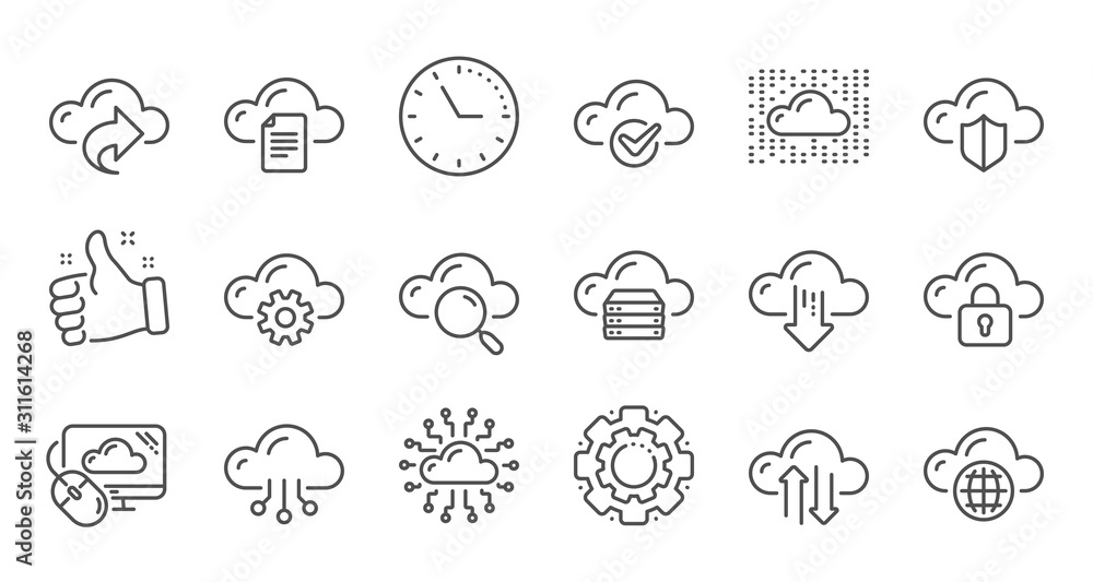 Aufkleber computer cloud icons. hosting, computing data and file storage. computer sync technology linear icon
