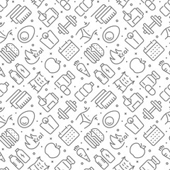 Fitness and diet related seamless pattern with outline icons