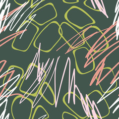 Hand drawn abstract seamless pattern. Flat lines and oval elements. Plain geometric shapes background. 