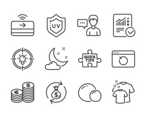 Set of Business icons, such as Contactless payment, Person talk, Currency, Recovery internet, Idea, Money exchange, Uv protection, Night weather, Peas, Checked calculation, Quick tips. Vector