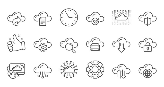 Computer cloud icons. Hosting, Computing data and File storage. Computer sync technology linear icon set. Quality line set. Vector