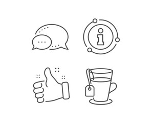 Tea with bag line icon. Chat bubble, info sign elements. Hot drink sign. Fresh beverage symbol. Linear tea outline icon. Information bubble. Vector