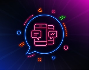 Phone Message line icon. Neon laser lights. Mobile chat sign. Conversation or SMS symbol. Glow laser speech bubble. Neon lights chat bubble. Banner badge with smartphone SMS icon. Vector