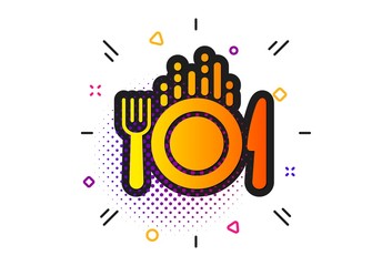 Fototapeta premium Cutlery sign. Halftone circles pattern. Food icon. Fork, knife symbol. Classic flat food icon. Vector