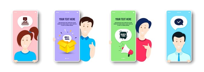 Fototapeta premium Smile, Online loan and Quick tips icons simple set. People on phone screen. Approved message sign. Positive feedback, Discount percent, Helpful tricks. Accepted chat. Technology set. Vector
