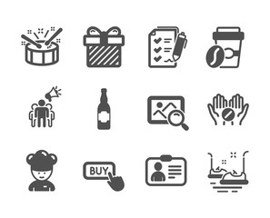 Set of Business icons, such as Bumper cars, Drums, Surprise, Search photo, Takeaway coffee, Id card, Brand ambassador, Cooking chef, Buy button, Survey checklist, Medical tablet. Vector