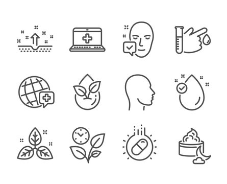 Set of Healthcare icons, such as Face accepted, Organic product, Medical help, Head, Leaves, Vitamin e, Blood donation, World medicine, Fair trade, Capsule pill, Night cream, Clean skin. Vector