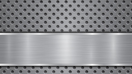 Background in gray colors, consisting of a metallic perforated surface with holes and a polished plate with metal texture, glares and shiny edges