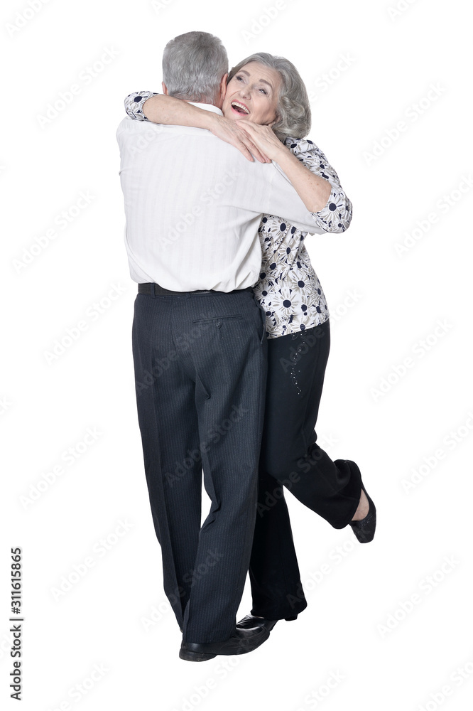 Poster portrait of happy senior couple on white background