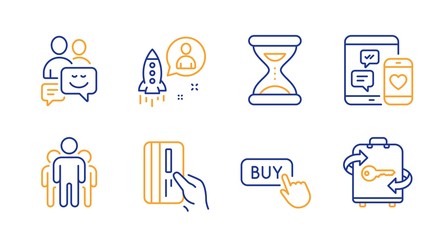 Startup, Social media and Buy button line icons set. Communication, Group and Payment card signs. Time, Luggage symbols. Developer, Mobile devices. Business set. Line startup icon. Vector