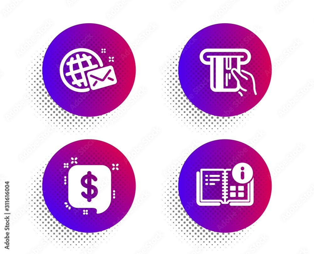 Poster credit card, payment message and world mail icons simple set. halftone dots button. instruction info