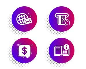 Credit card, Payment message and World mail icons simple set. Halftone dots button. Instruction info sign. Atm payment, Finance, Chat. Project. Business set. Classic flat credit card icon. Vector