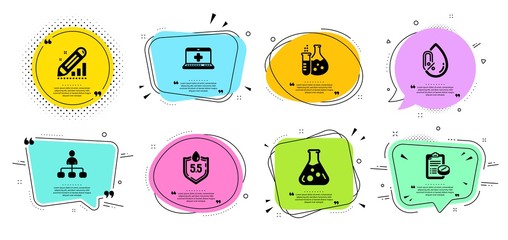 Ph neutral, Medical help and Chemistry flask line icons set. Chat bubbles with quotes. Chemistry lab, No alcohol and Edit statistics signs. Management, Medical prescription symbols. Vector