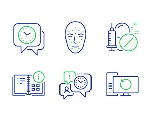 Face biometrics, Time management and Medical drugs line icons set. Clock, Instruction info and Recovery computer signs. Facial recognition, Office chat, Medicine pills. Time. Science set. Vector