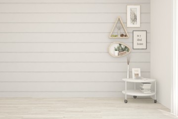 Empty room in white color with table and pictures om a wall. Scandinavian interior design. 3D illustration