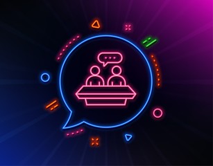 Employees talk line icon. Neon laser lights. Collaboration sign. Development partners symbol. Glow laser speech bubble. Neon lights chat bubble. Banner badge with employees talk icon. Vector