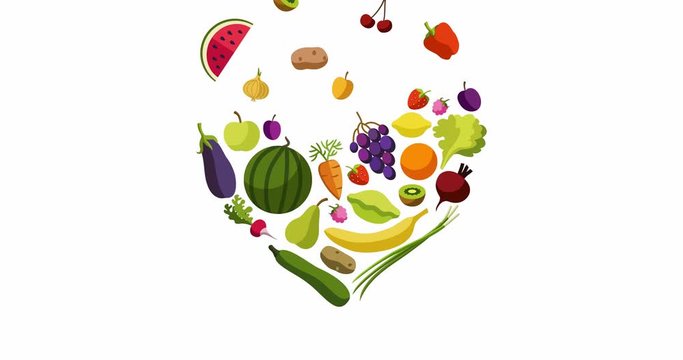 Fruits and vegetables in the shape of a heart. Vegetarian food. 