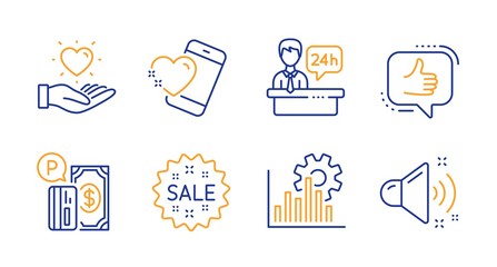 Seo graph, Reception desk and Sale line icons set. Like, Hold heart and Heart signs. Parking payment, Loud sound symbols. Analytics chart, Hotel service. Business set. Line seo graph icon. Vector