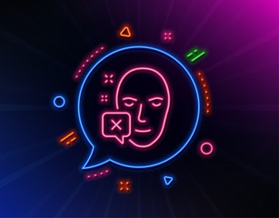 Face declined line icon. Neon laser lights. Human profile sign. Facial identification error symbol. Glow laser speech bubble. Neon lights chat bubble. Banner badge with face declined icon. Vector