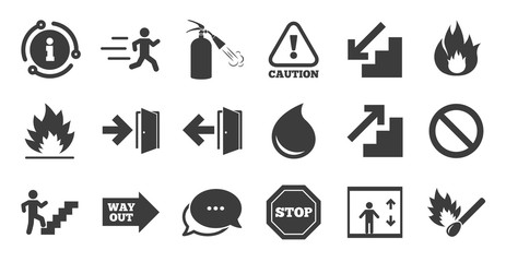Set of Emergency, Fire safety and Protection icons. Information, chat bubble icon. Extinguisher, Exit and Attention signs. Caution, Water drop and Way out symbols. Quality set. Vector
