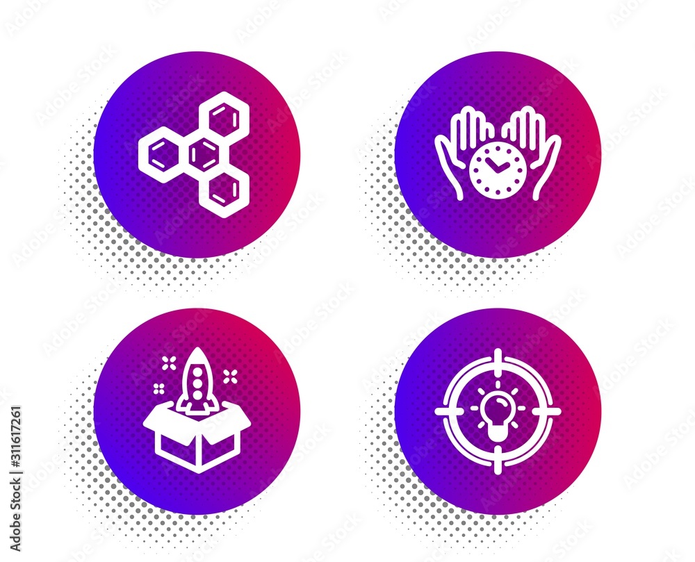 Poster chemical formula, startup and safe time icons simple set. halftone dots button. idea sign. chemistry