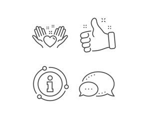 Hold heart line icon. Chat bubble, info sign elements. Friends love sign. Friendship hand symbol. Linear hold heart outline icon. Information bubble. Vector