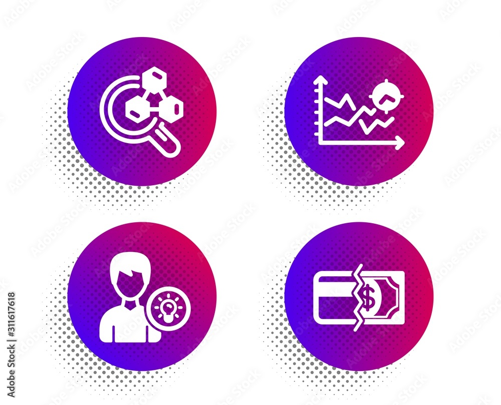 Poster chemistry lab, person idea and seo analysis icons simple set. halftone dots button. payment methods 