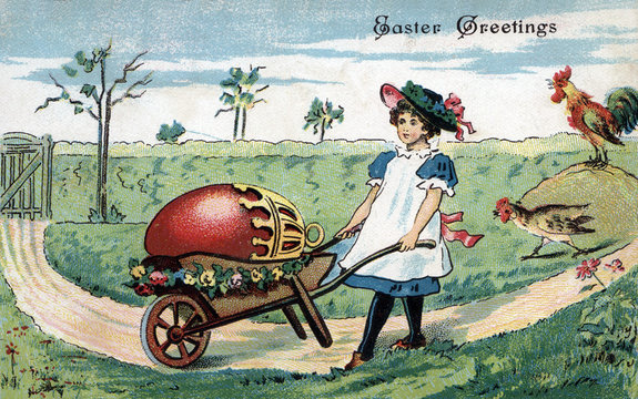 Girl with wheel barrow, a very large ornated decorated Red egg. Vintage Easter Postcard Greeting card