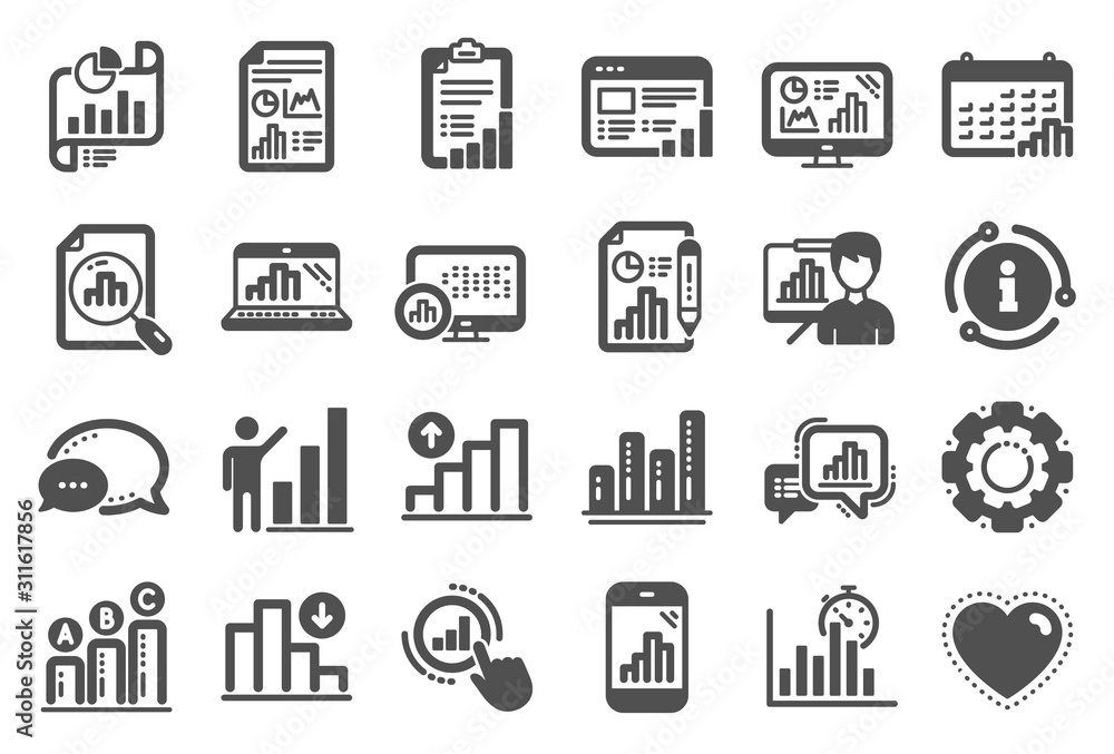 Poster graph icons. set of chart presentation, report, increase growth graph icons. analytics testing, fall