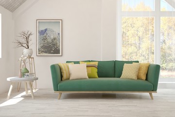Stylish room in white color with sofa. Scandinavian interior design. 3D illustration